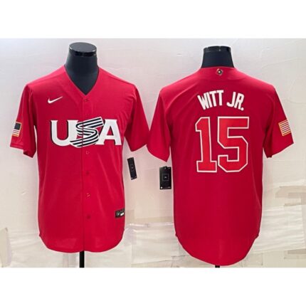 Men's USA Baseball #15 Bobby Witt Jr. 2023 Red World Baseball Classic Stitched Jersey