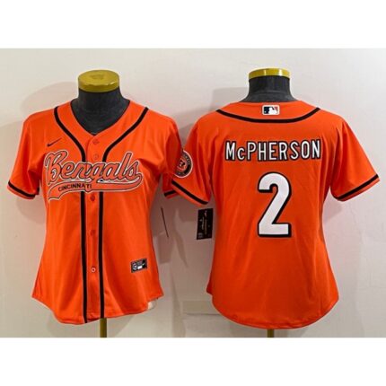 Women's Cincinnati Bengals #2 Evan McPherson Orange With Patch Cool Base Stitched Baseball Jersey(Run Small)